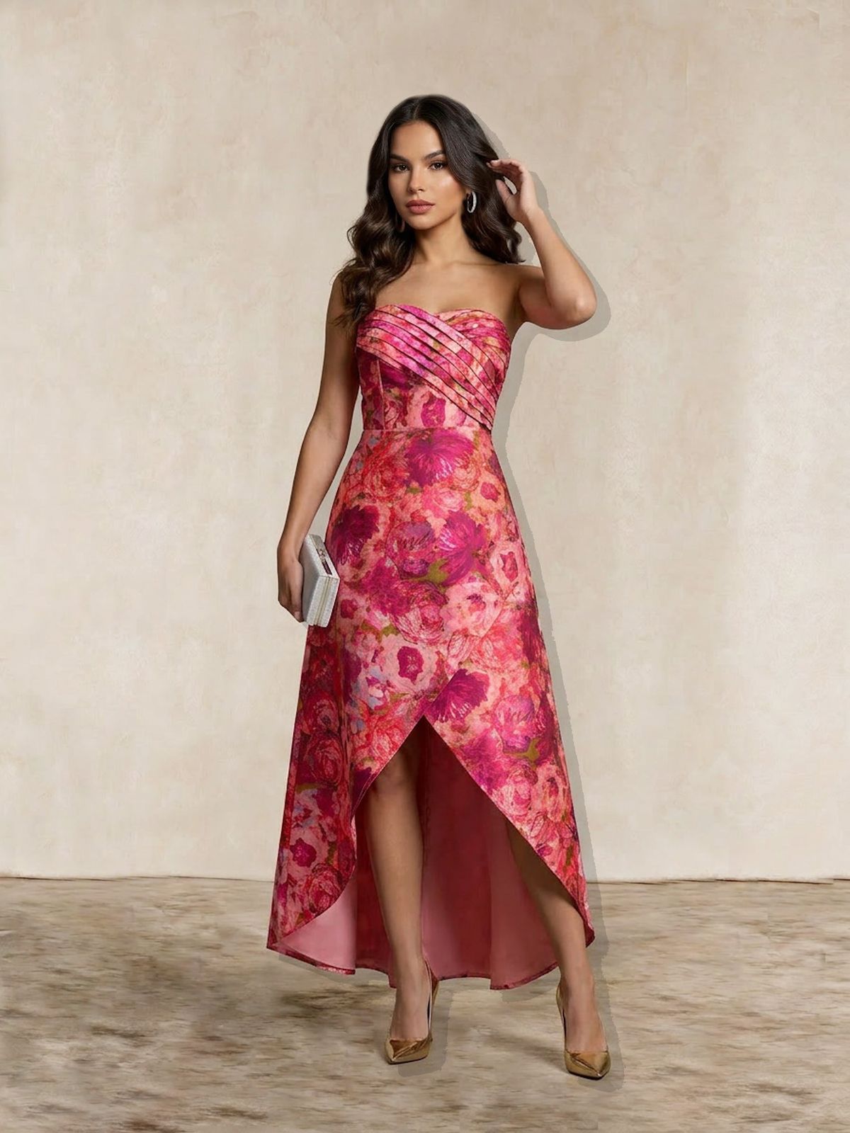Pink and Red Floral Print High-Low Dress Pink and Red Floral Print High-Low Dress — Wedding Guest Outfits 2027