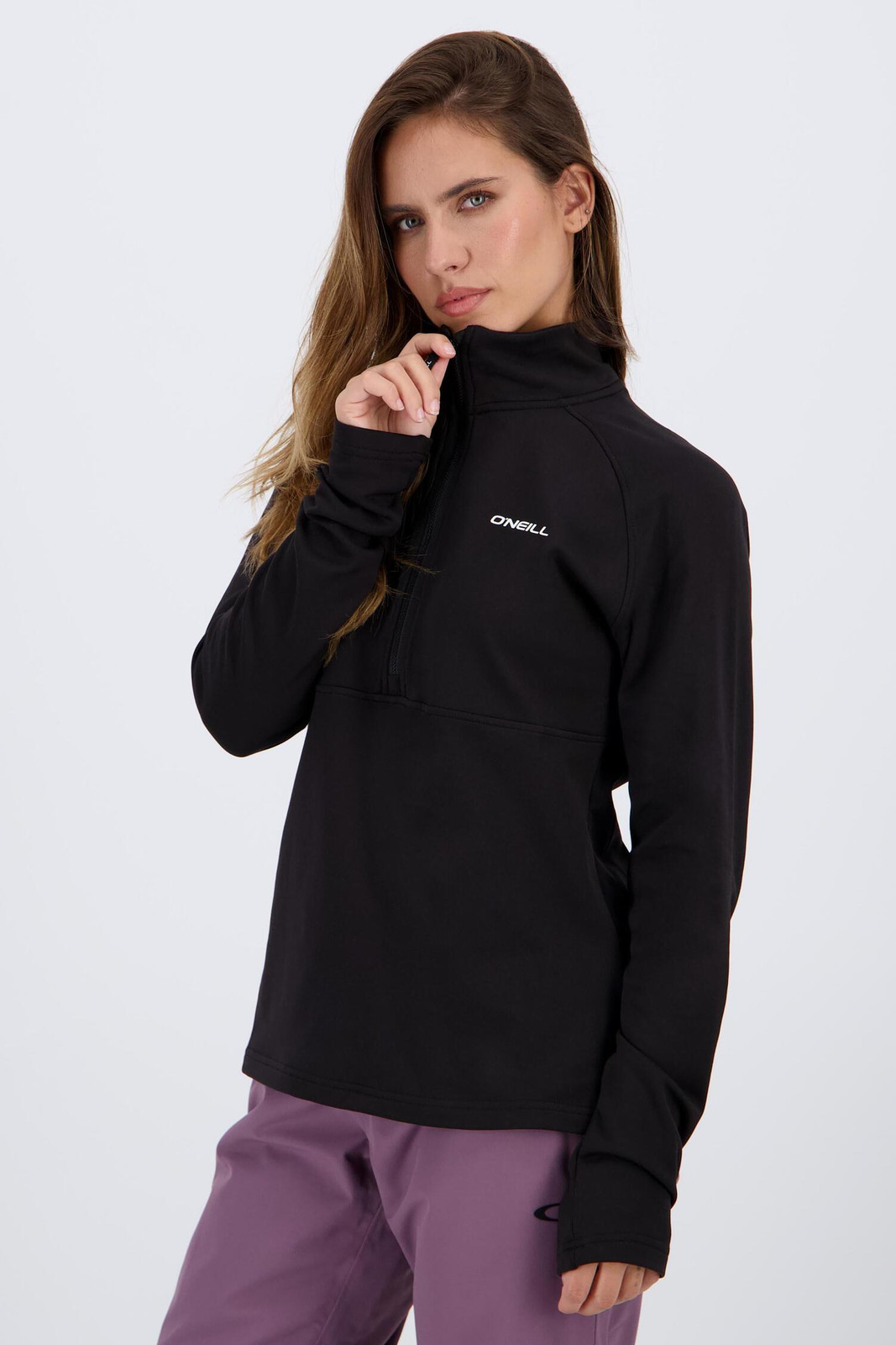 Fitted Black Fleece Half-Zip Top with Purple Trousers Fitted Black Fleece Half-Zip Top with Purple Trousers — Fleece Outfits 2027