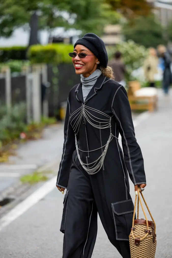 Urban Edge: Black Beret with Chain Detail Blazer and Sneakers Urban Edge: Black Beret with Chain Detail Blazer and Sneakers — Beret Outfits 2027