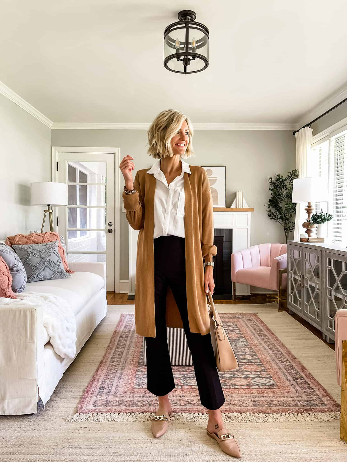 Camel Cardigan with White Shirt and Black Trousers — Casual Teacher Outfits 2027