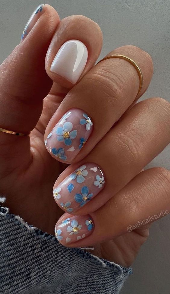 Blue and White Flowers on Sheer Base Blue and White Flowers on Sheer Base — Floral Acrylic Nails 2027