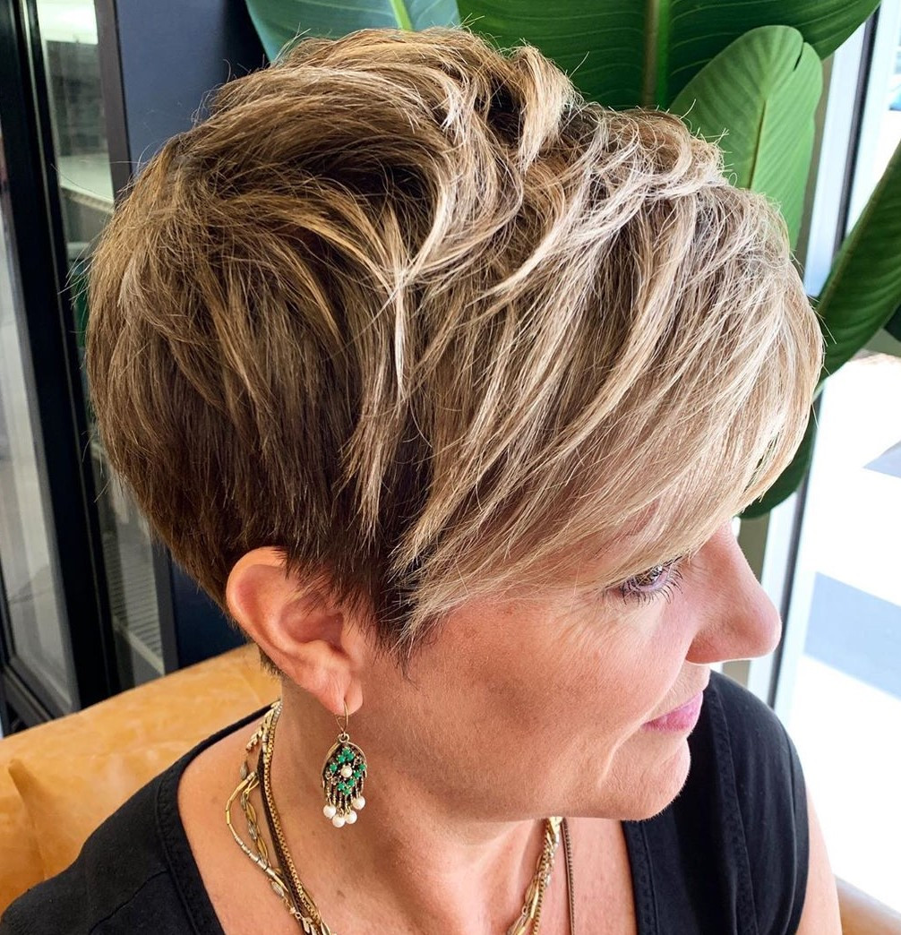 Textured Light Brown Long Fringe Pixie — Work Pixie 2027