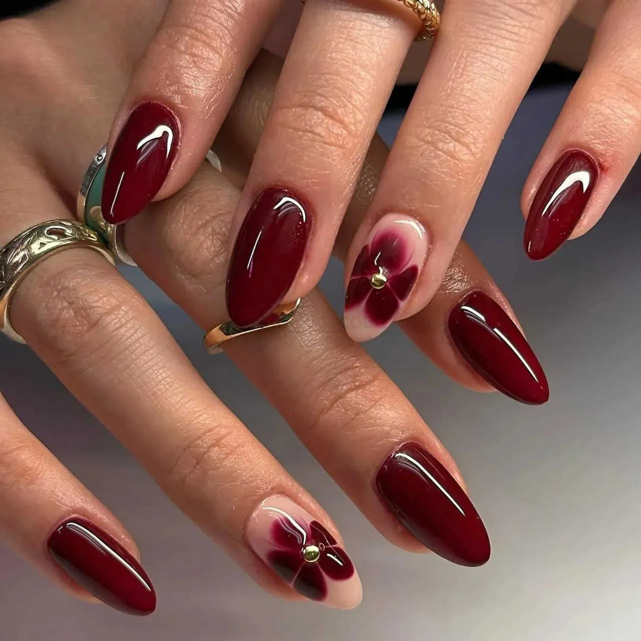 Burgundy with Dark Floral Accent — Medium Almond Nails 2027