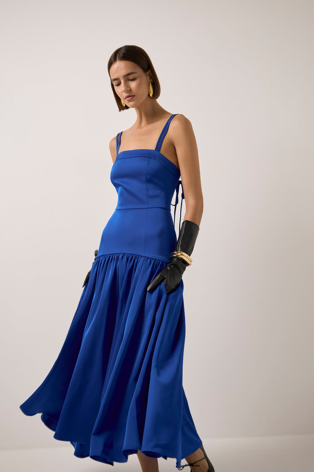 Cobalt Blue Satin Midi Dress with Opera Gloves for Formal Evening Cobalt Blue Satin Midi Dress with Opera Gloves for Formal Evening — Cobalt Blue Outfits 2027