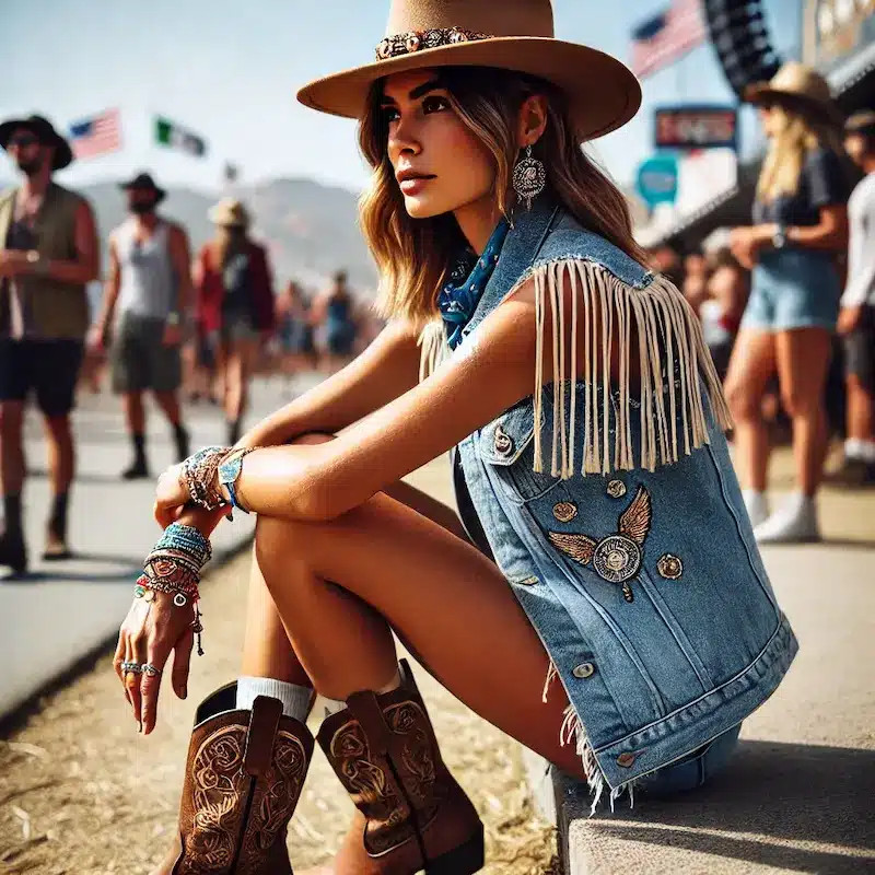 Denim Vest and Bandana with Cowboy Boots — Summer Country Concert Outfits 2027