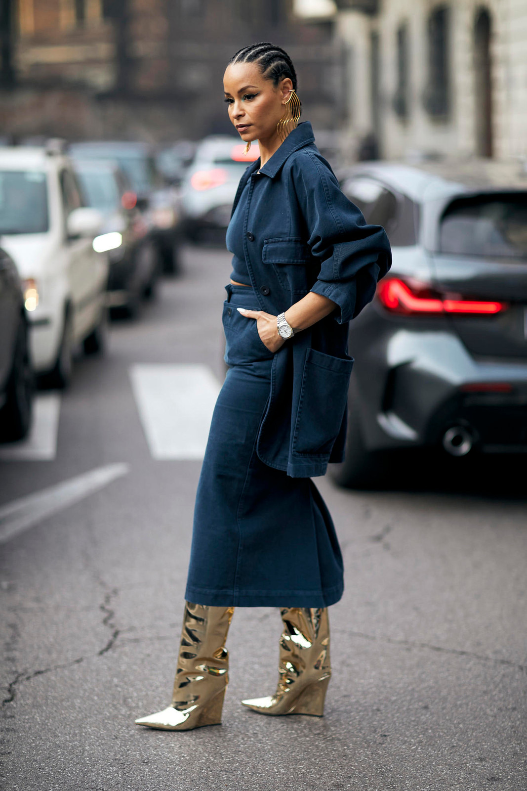 Denim Matching Set with Gold Metallic Knee-High Boots Denim Matching Set with Gold Metallic Knee-High Boots — Knee High Boots Outfits 2027