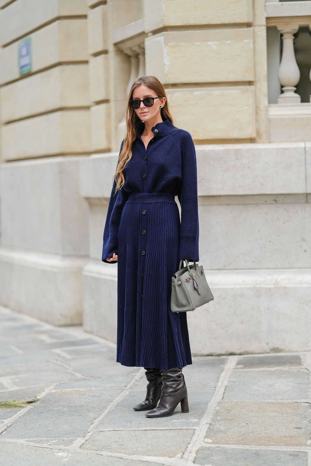 Navy Knit Midi Dress with Heeled Boots Navy Knit Midi Dress with Heeled Boots — Winter Navy Outfits 2027