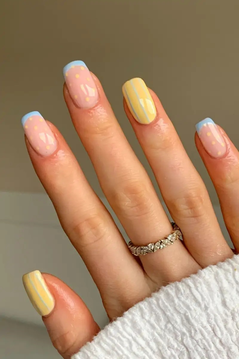 Sheer Pink Base Light Blue Yellow White Visual Idea Sheer Pink Base Light Blue Yellow White Visual Idea — Summer French Tip Nails 2027