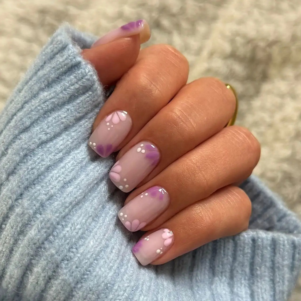 Milky Pink with Purple Flowers and Dots Milky Pink with Purple Flowers and Dots — Milky Pink Nails 2027