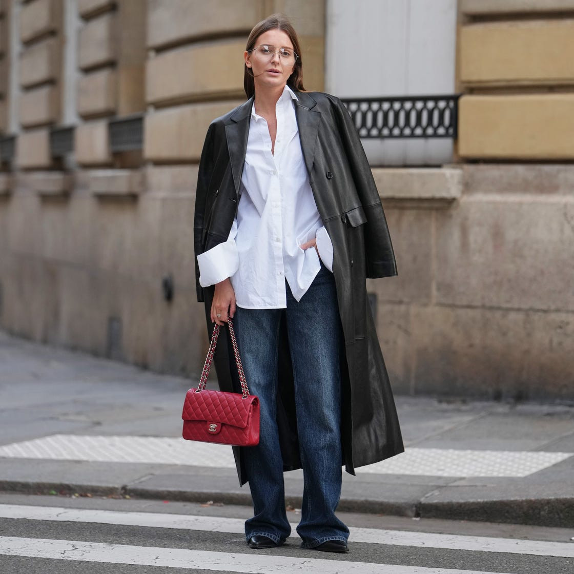 Leather Trench Coat and Red Handbag with Dark Wide-Leg Jeans — Wide Leg Jeans Outfits 2027