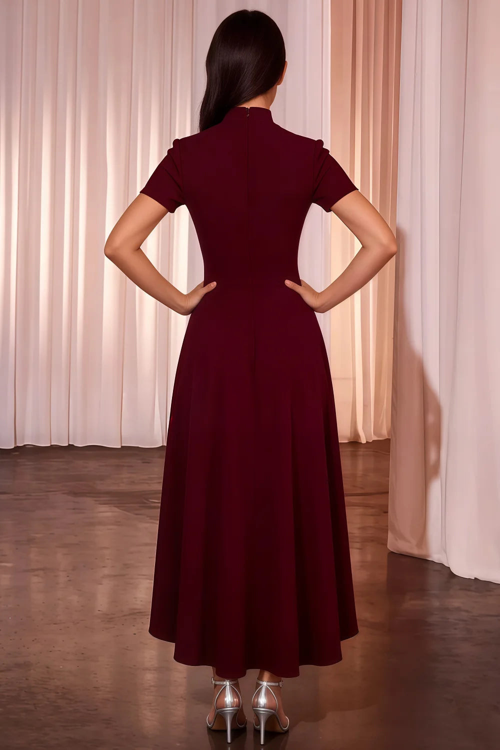 Burgundy Fit and Flare Midi Dress with High Neckline Burgundy Fit and Flare Midi Dress with High Neckline — Modest Dresses 2027