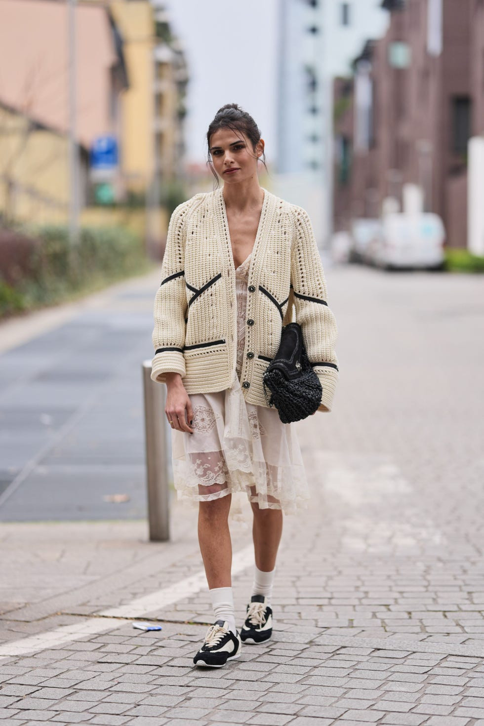 Knit Cardigan and Lace Slip Dress with Two-Tone Sneakers Knit Cardigan and Lace Slip Dress with Two-Tone Sneakers — Spring Outfits 2027 with Sneakers