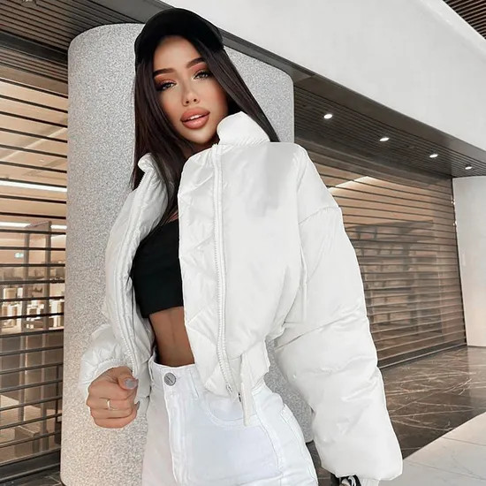 White Cropped Puffer with Black Crop Top and Jeans — Winter Outfits 2027 with Puffer