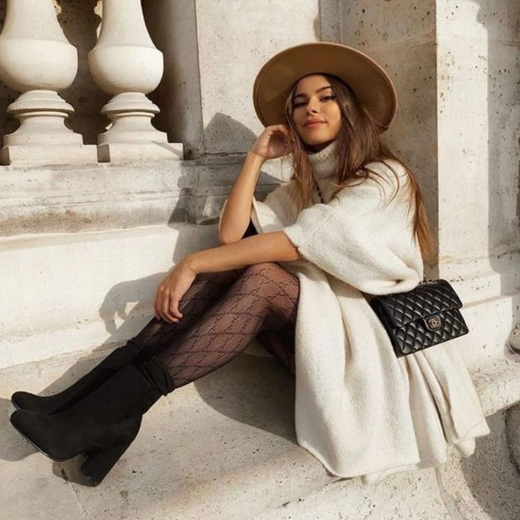 Patterned Sheer Tights with Poncho Dress and Heeled Boots — Sheer Tights Outfits 2027