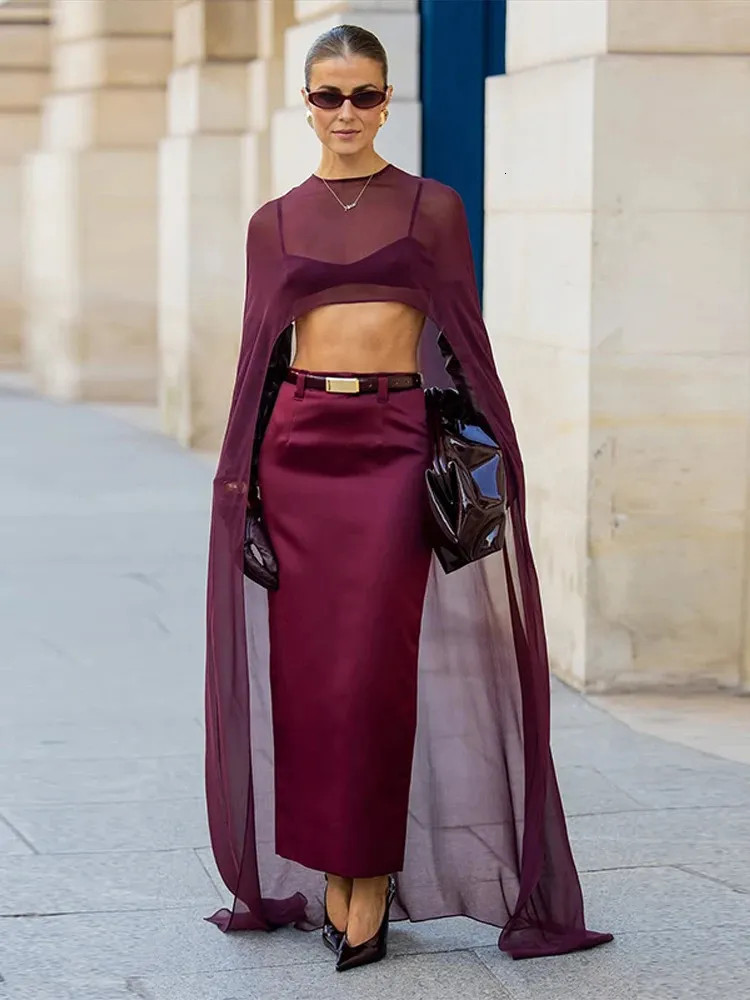 Burgundy Bra Top with Satin Skirt and Sheer Cape Burgundy Bra Top with Satin Skirt and Sheer Cape — Tube Top Outfits 2027