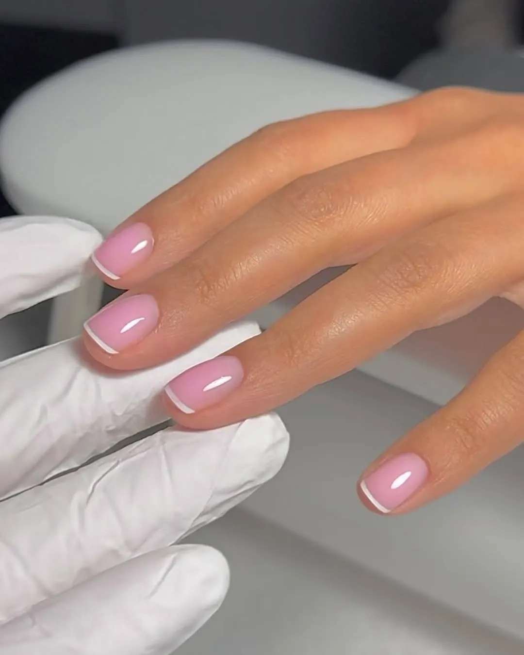 Short Square Sheer Pink White French Short Square Sheer Pink White French — Winter Pink Nails 2027