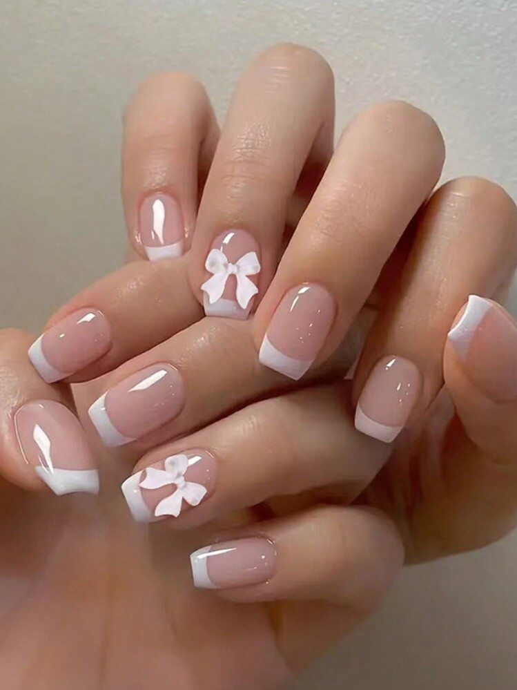 Sheer Pink White French 3D Bow Square Nails — White French Tips Adorn All Nails Sheer Pink White French 3D Bow Square Nails — White French Tips Adorn All Nails — Short Bow Nails 2027