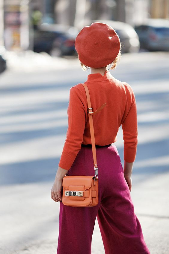 Orange Turtleneck with Magenta Trousers and Red Beret — French Girl Outfits 2027