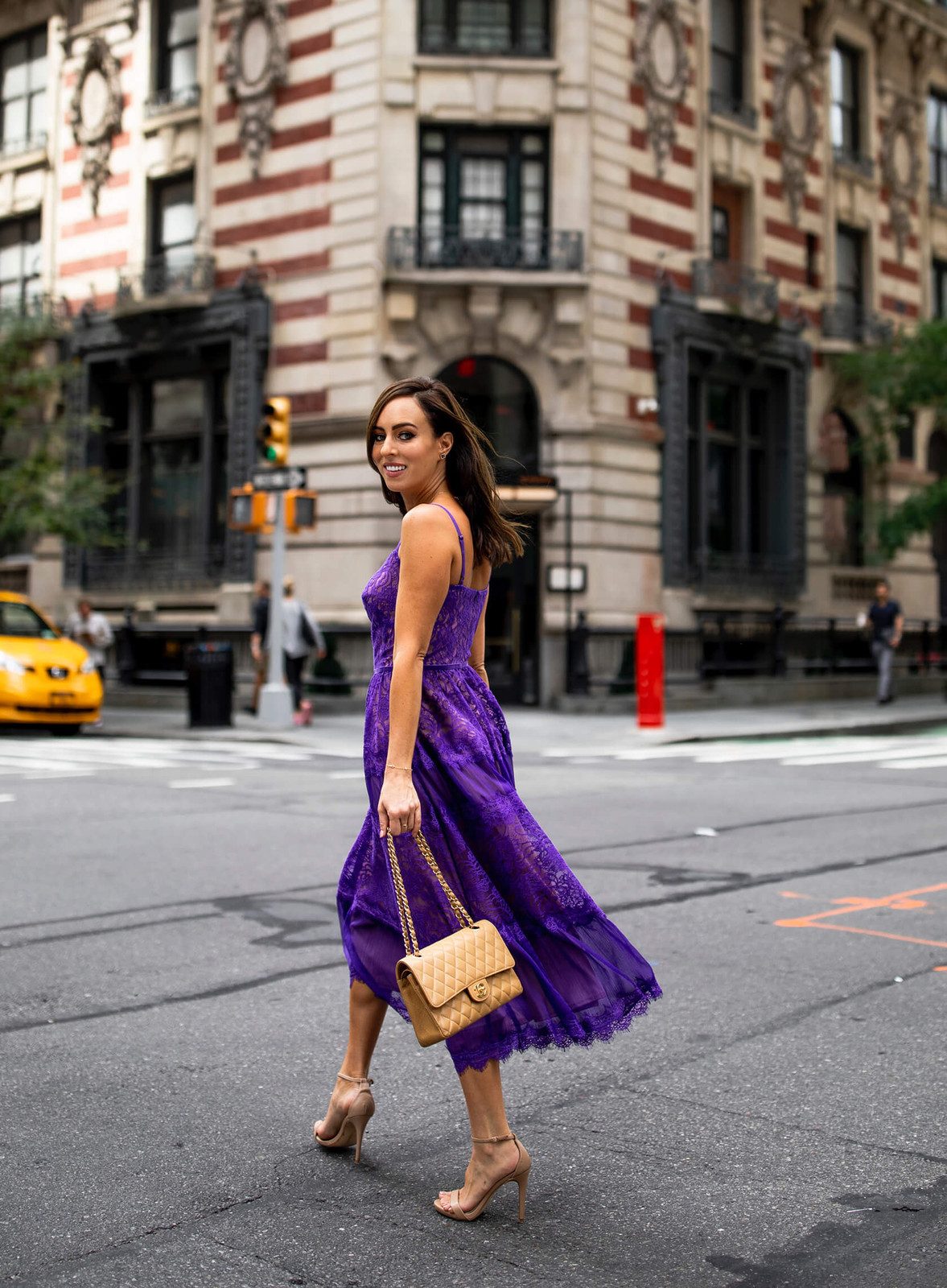Feminine Flair: Vibrant Purple Lace Dress with Strappy Heels Feminine Flair: Vibrant Purple Lace Dress with Strappy Heels — Scene Outfits 2027