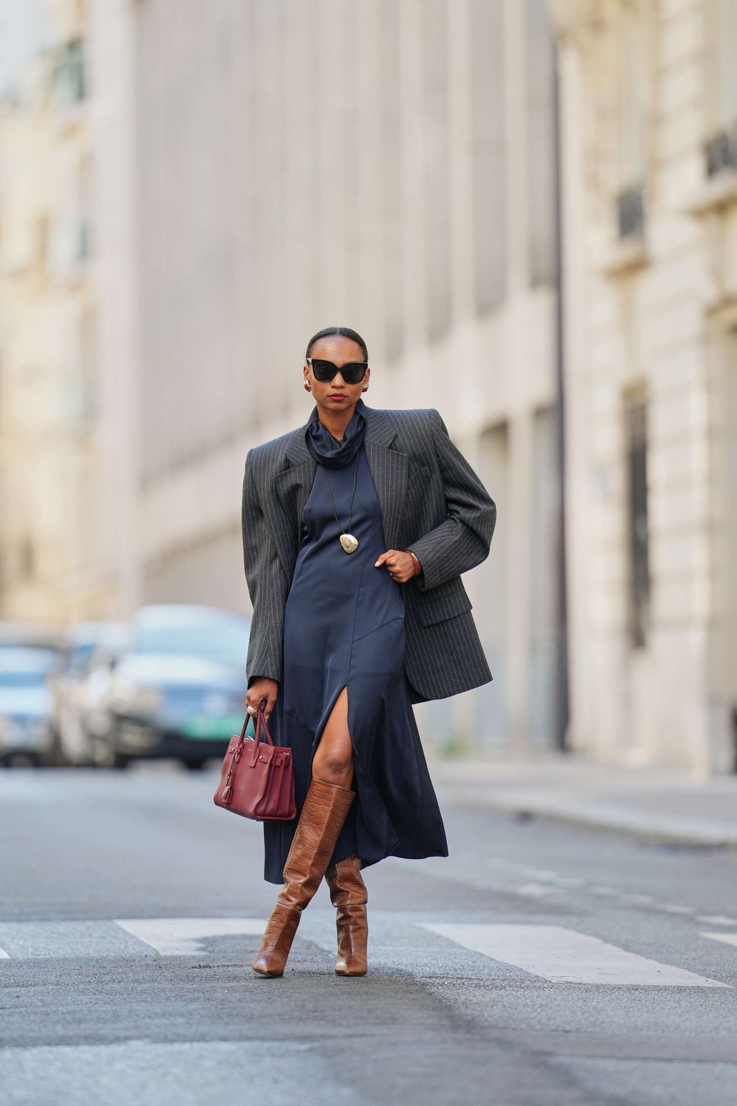 Navy Satin Midi Dress and Pinstripe Blazer with Brown Knee-High Boots Navy Satin Midi Dress and Pinstripe Blazer with Brown Knee-High Boots — Knee High Boots Outfits 2027