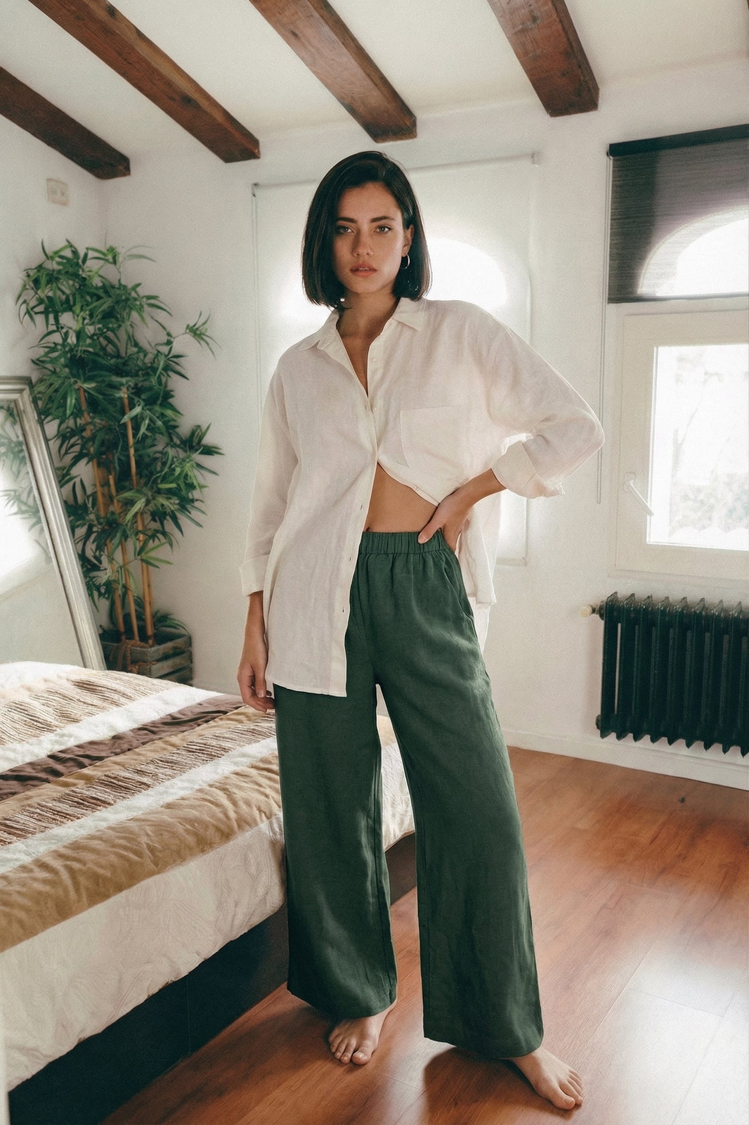 Oversized White Linen Shirt and Green Trousers Oversized White Linen Shirt and Green Trousers — Aesthetic Outfits 2027