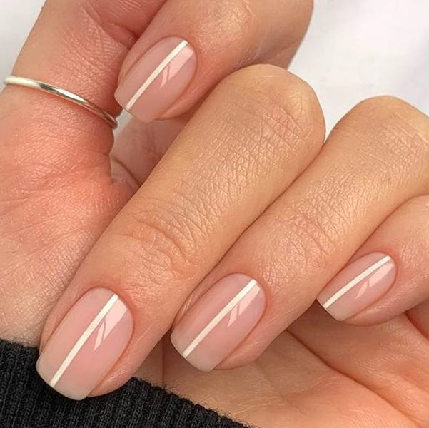 Sheer Nude Diagonal White Line Nails — Minimalist Nails 2027