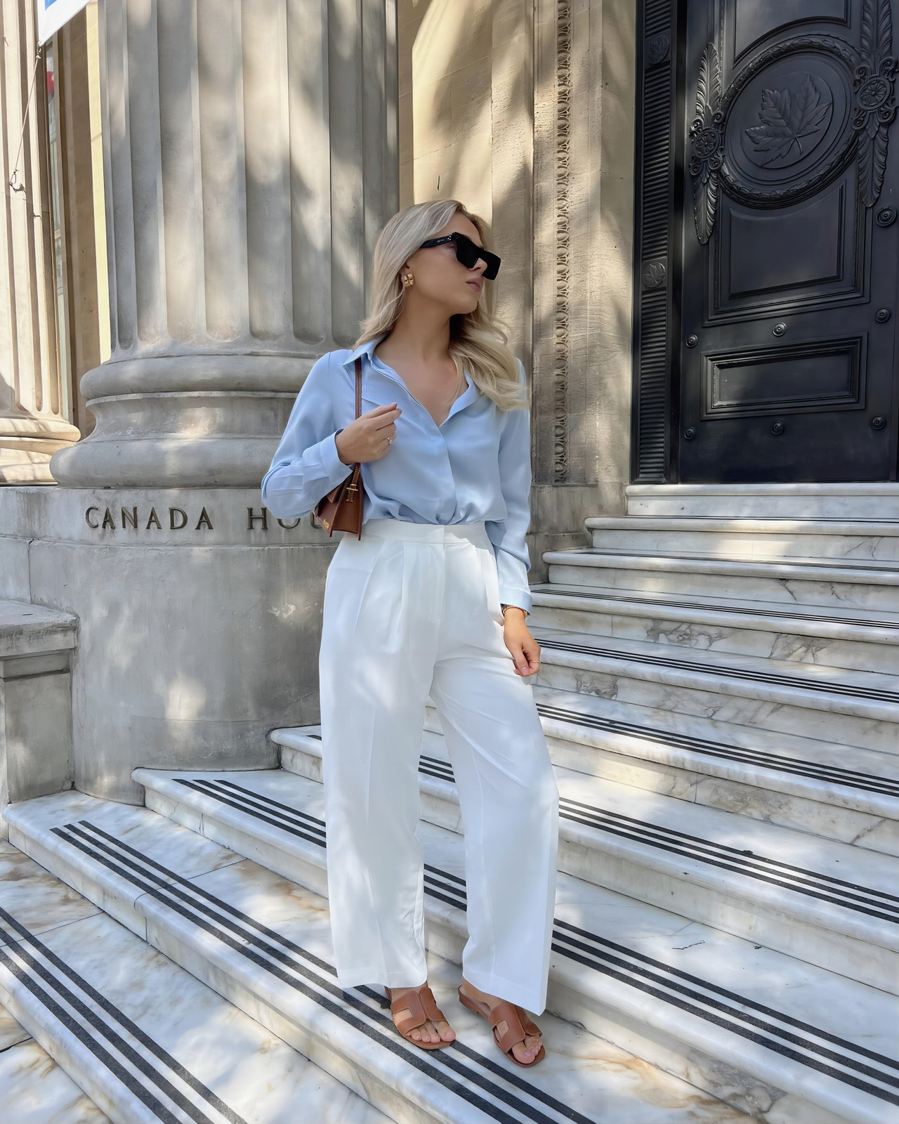Light Blue Silk Blouse with White Wide-Leg Trousers Light Blue Silk Blouse with White Wide-Leg Trousers — Italy Summer Outfits 2027