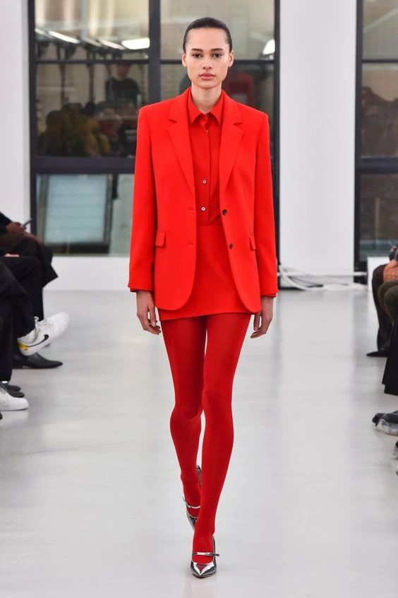 Monochromatic Red Suit with Opaque Tights — Sheer Tights Outfits 2027