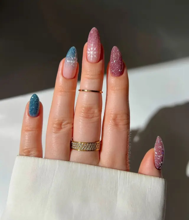 Pink to Blue Ombre Glitter Snowflake Stilettos Pink to Blue Ombre Glitter Snowflake Stilettos — Glitter Christmas Nails 2026