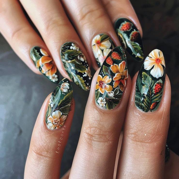 Floral And Fruit Motifs On All Nails Visual Idea Floral And Fruit Motifs On All Nails Visual Idea — Floral Acrylic Nails 2027