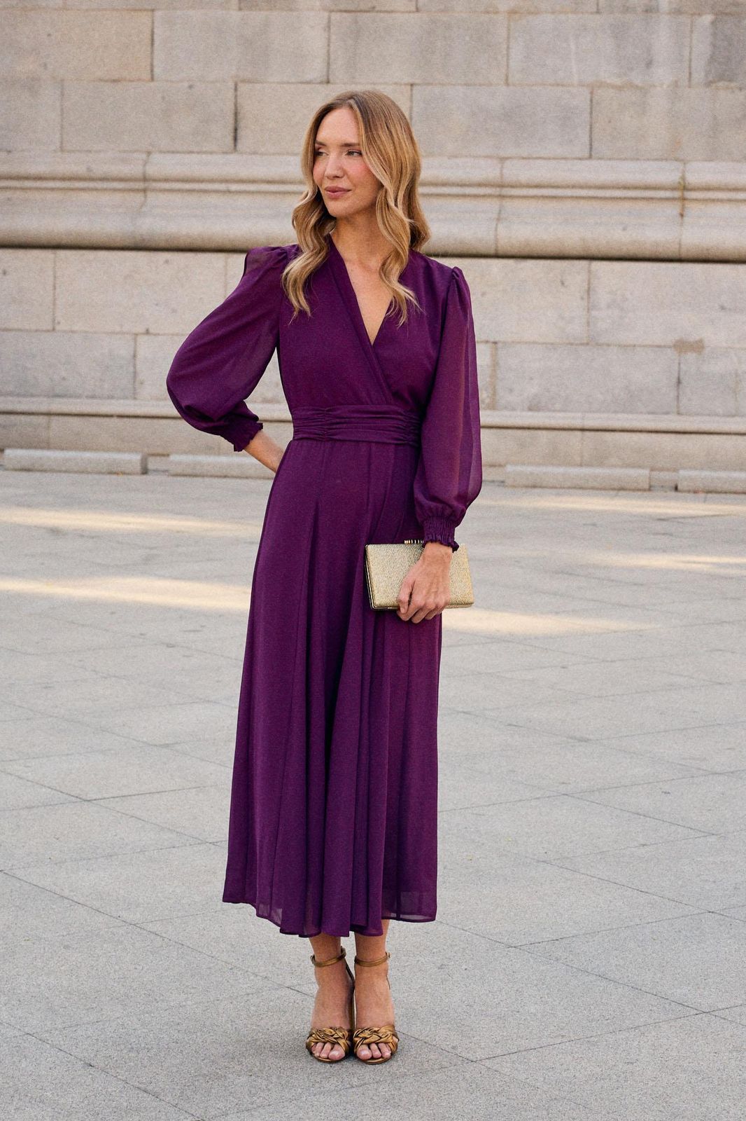 Deep Purple Chiffon Wrap Dress with Bishop Sleeves Deep Purple Chiffon Wrap Dress with Bishop Sleeves — Wedding Guest Outfits 2027