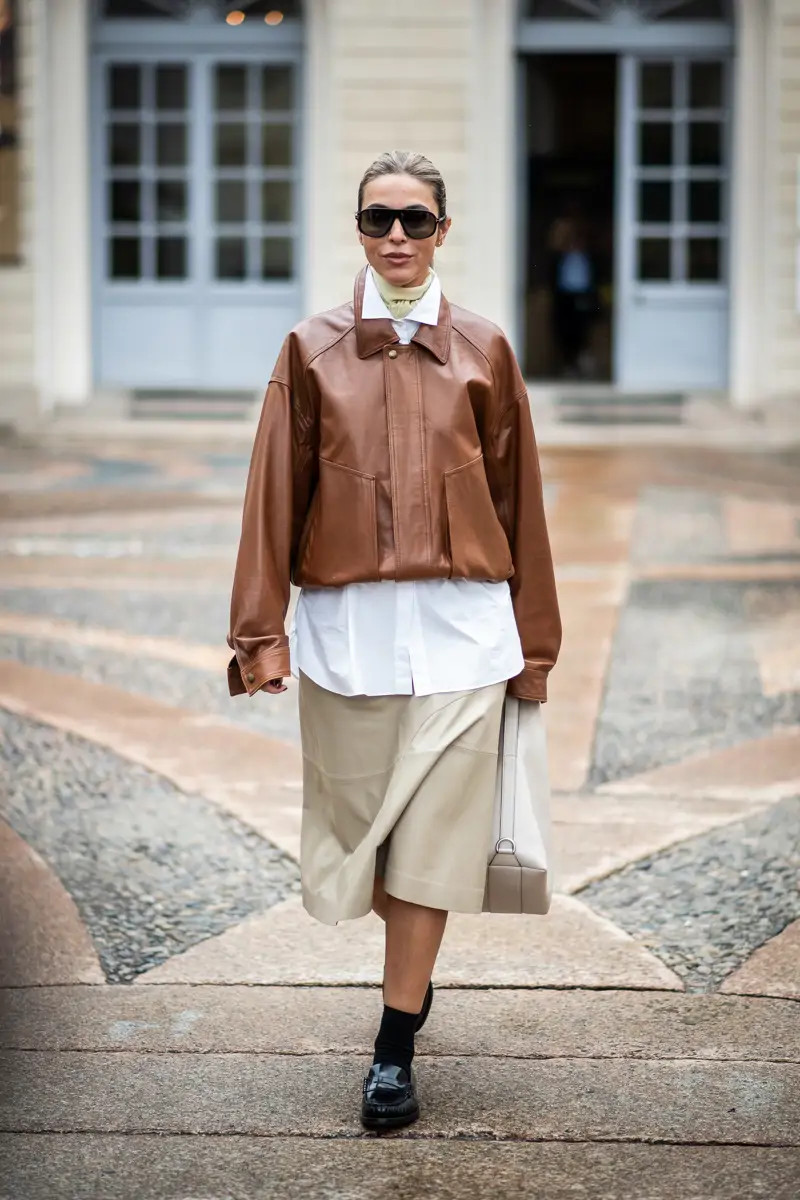 Leather Bomber Jacket Over Collared Shirt and Midi Skirt — Casual Teacher Outfits 2027