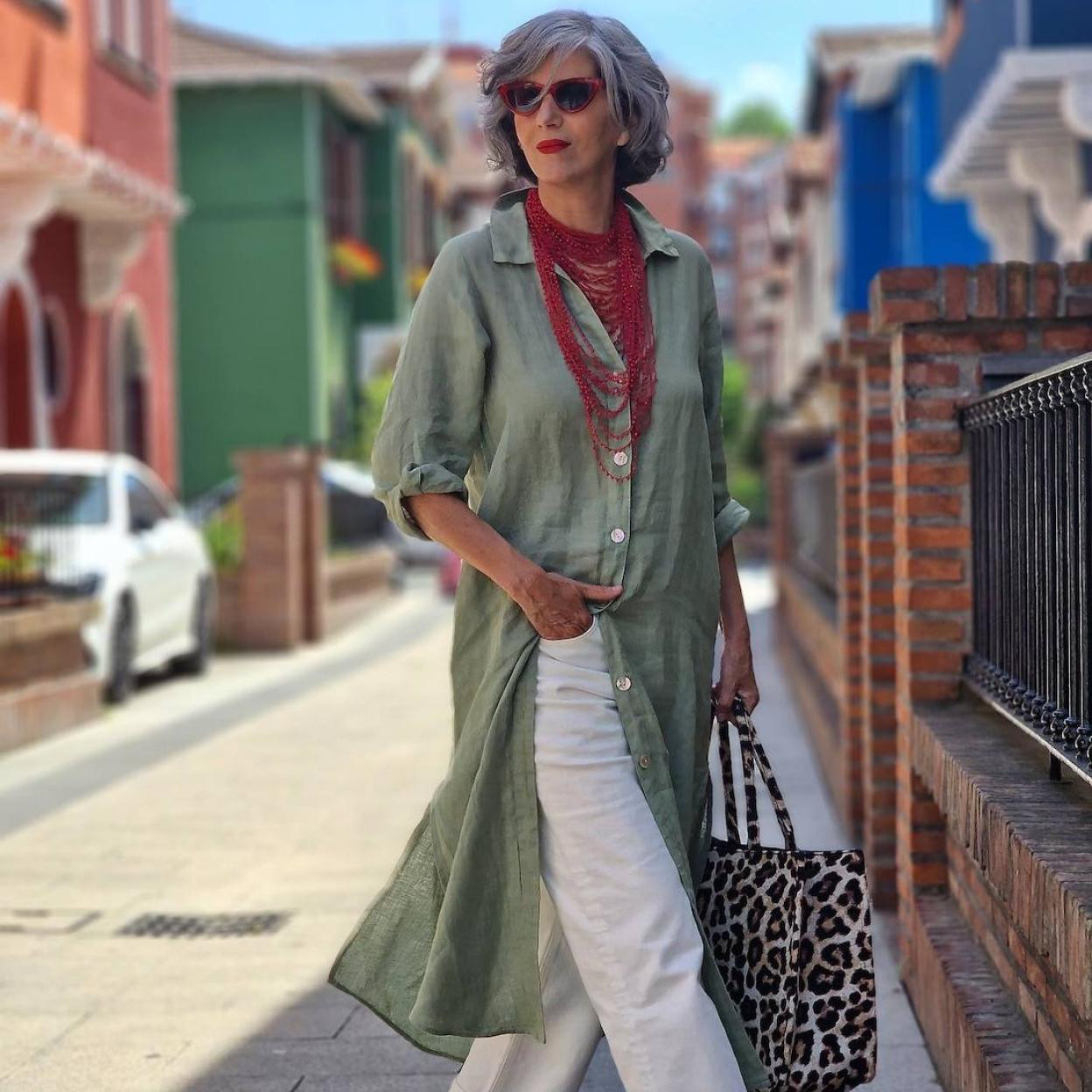 Olive Linen Shirt with White Pants and Red Accents Olive Linen Shirt with White Pants and Red Accents — Summer Outfits 2027 for Women Over 50