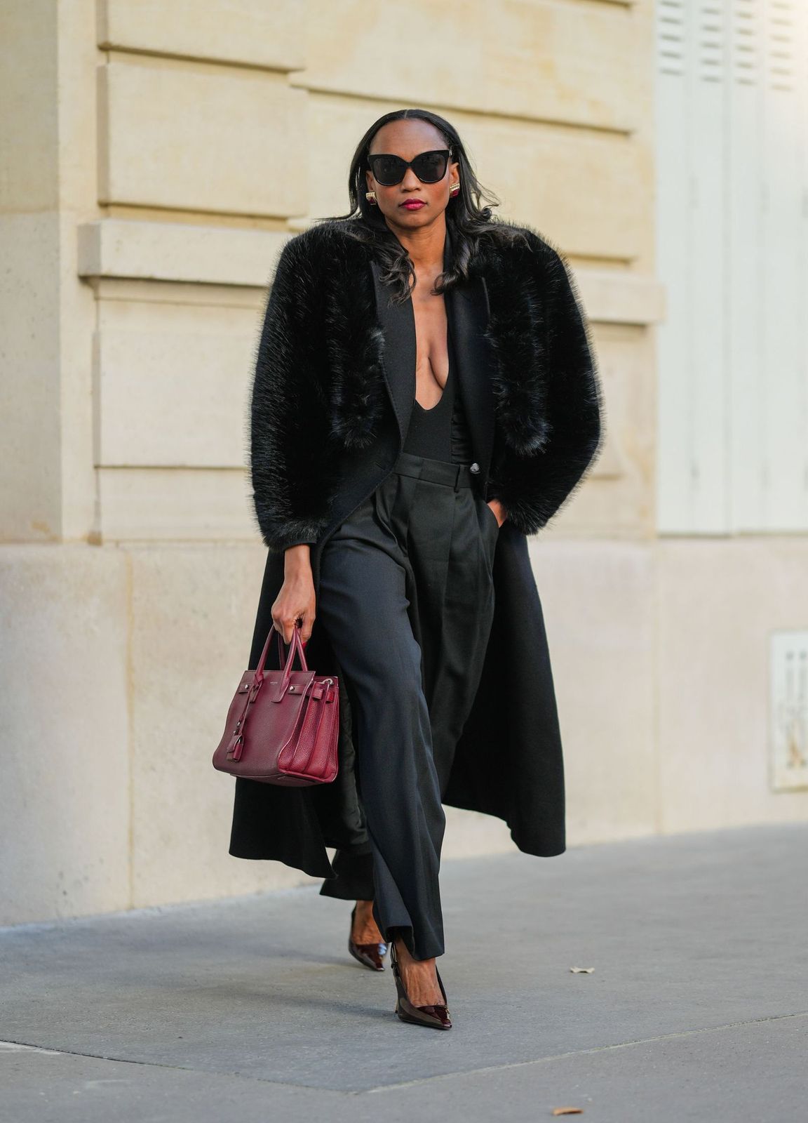 Black Faux Fur Coat with Wide-Leg Trousers for Evening — Teddy Coat Outfits 2027