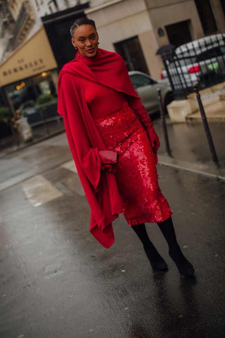 Vibrant Red Sequin Midi Skirt with Scarf Drape Vibrant Red Sequin Midi Skirt with Scarf Drape — New Years Eve Outfits 2027