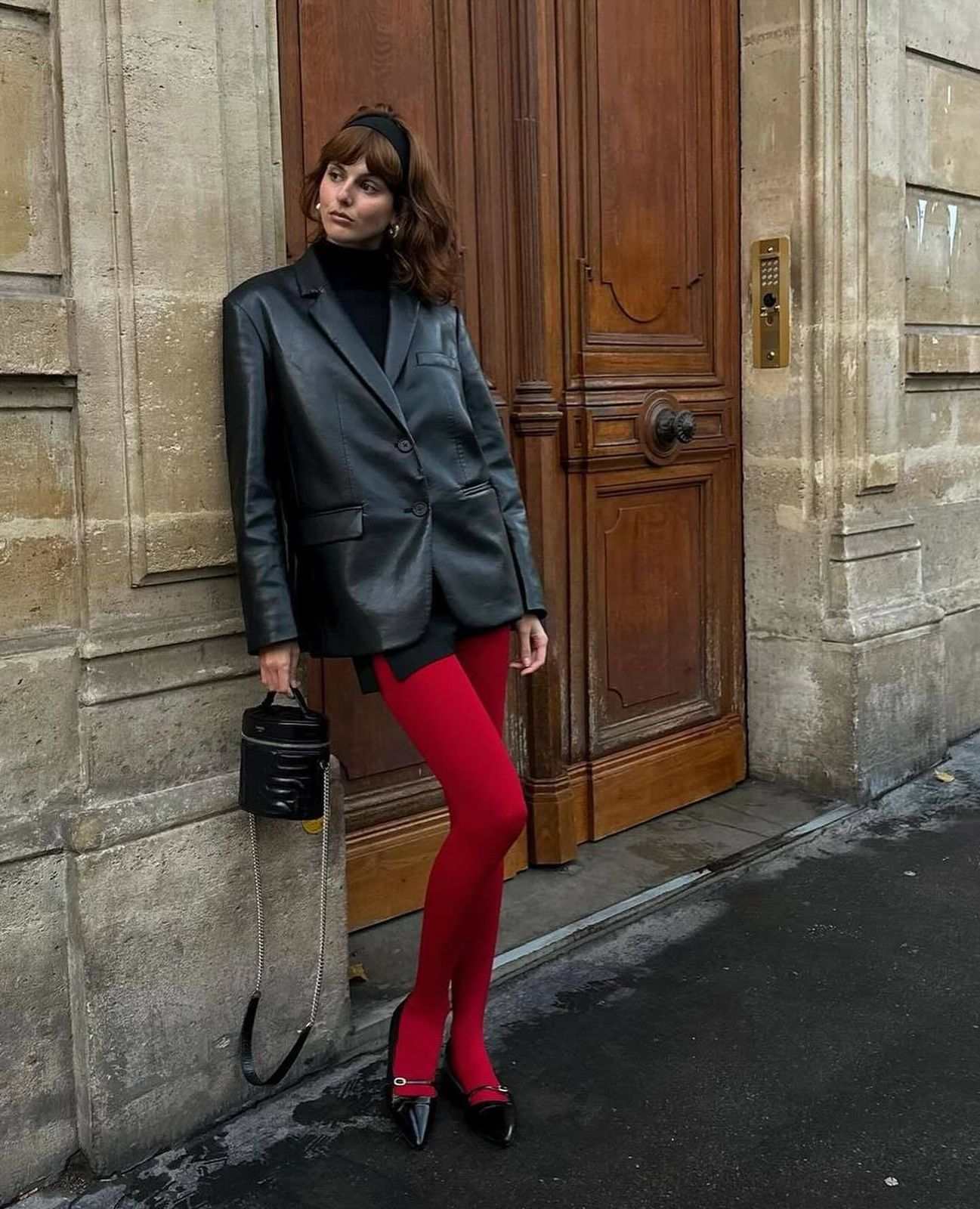 Edgy Red Tights with Black Mini Skirt and Turtleneck Edgy Red Tights with Black Mini Skirt and Turtleneck — Red Outfits 2027