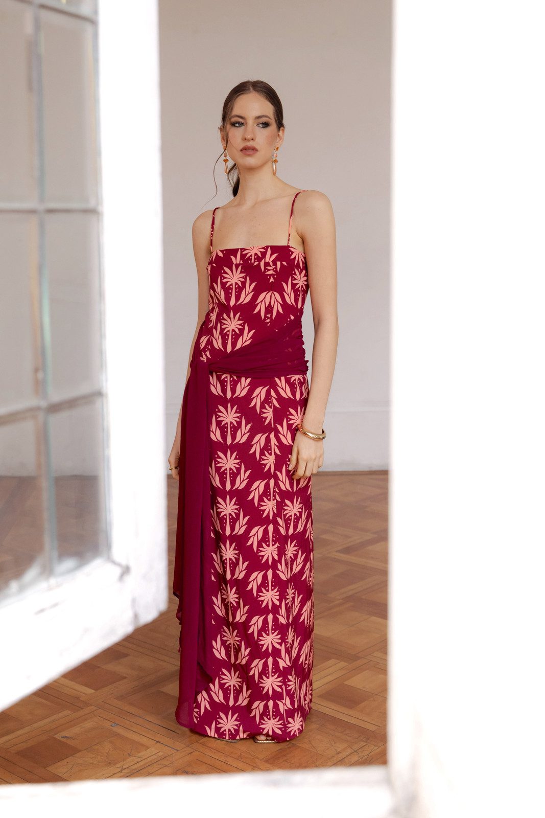 Burgundy Maxi Dress with Pink Palm Print and Draped Overlay Burgundy Maxi Dress with Pink Palm Print and Draped Overlay — Going Out Dresses 2027