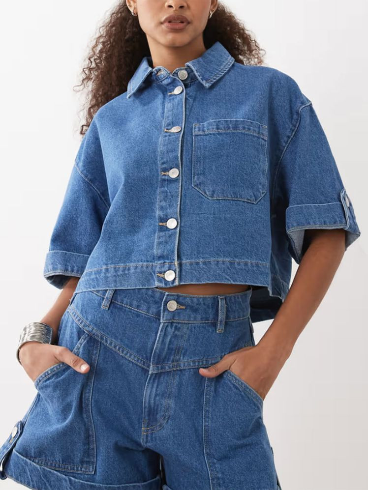 Cropped Boxy Denim Shirt Detail Cropped Boxy Denim Shirt Detail — Denim Shirt Outfits 2027