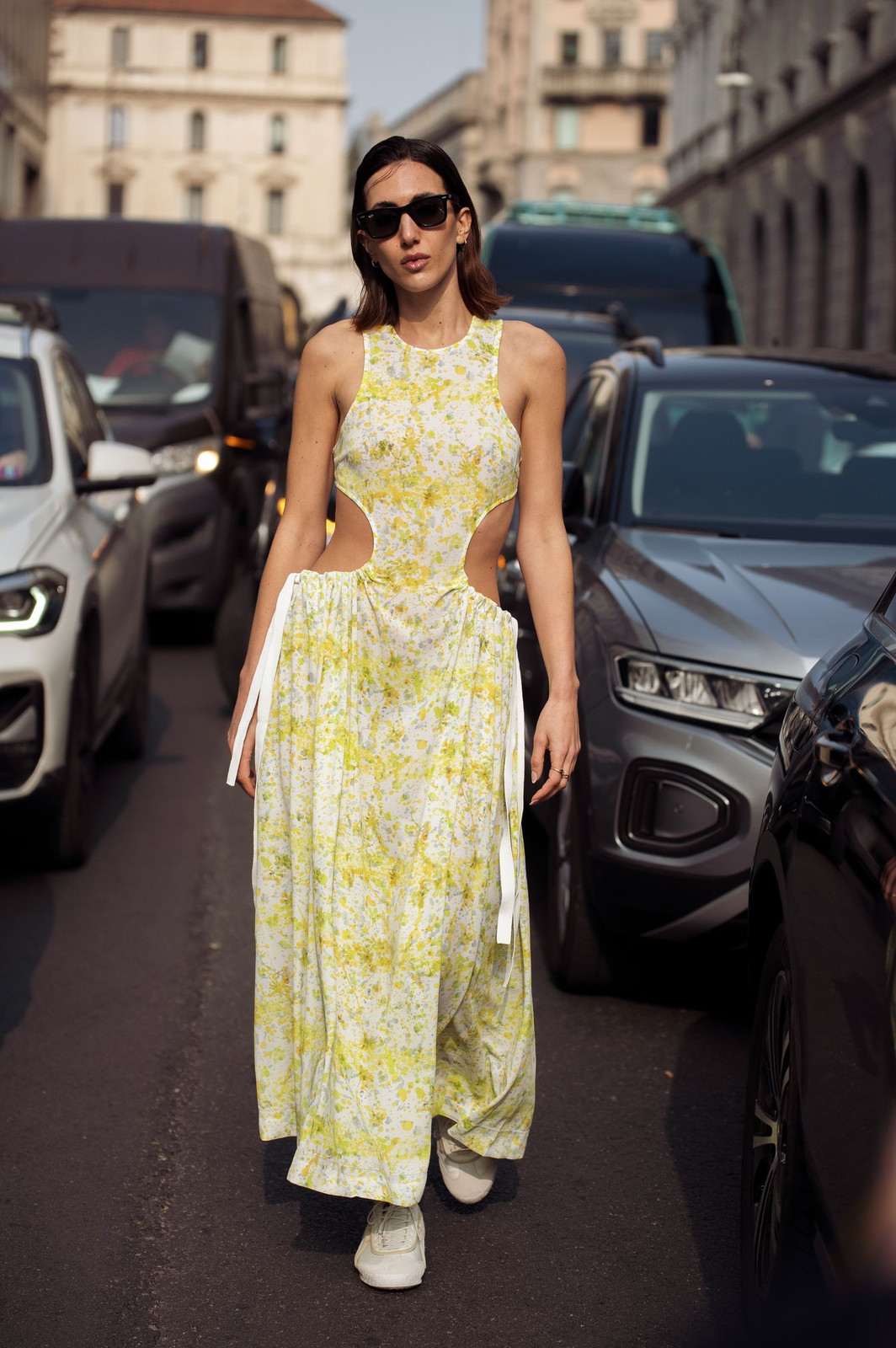 Yellow And White Print Maxi Dress With Side Cut-Outs Yellow And White Print Maxi Dress With Side Cut-Outs — Sneakers 2027 with Dress Outfits