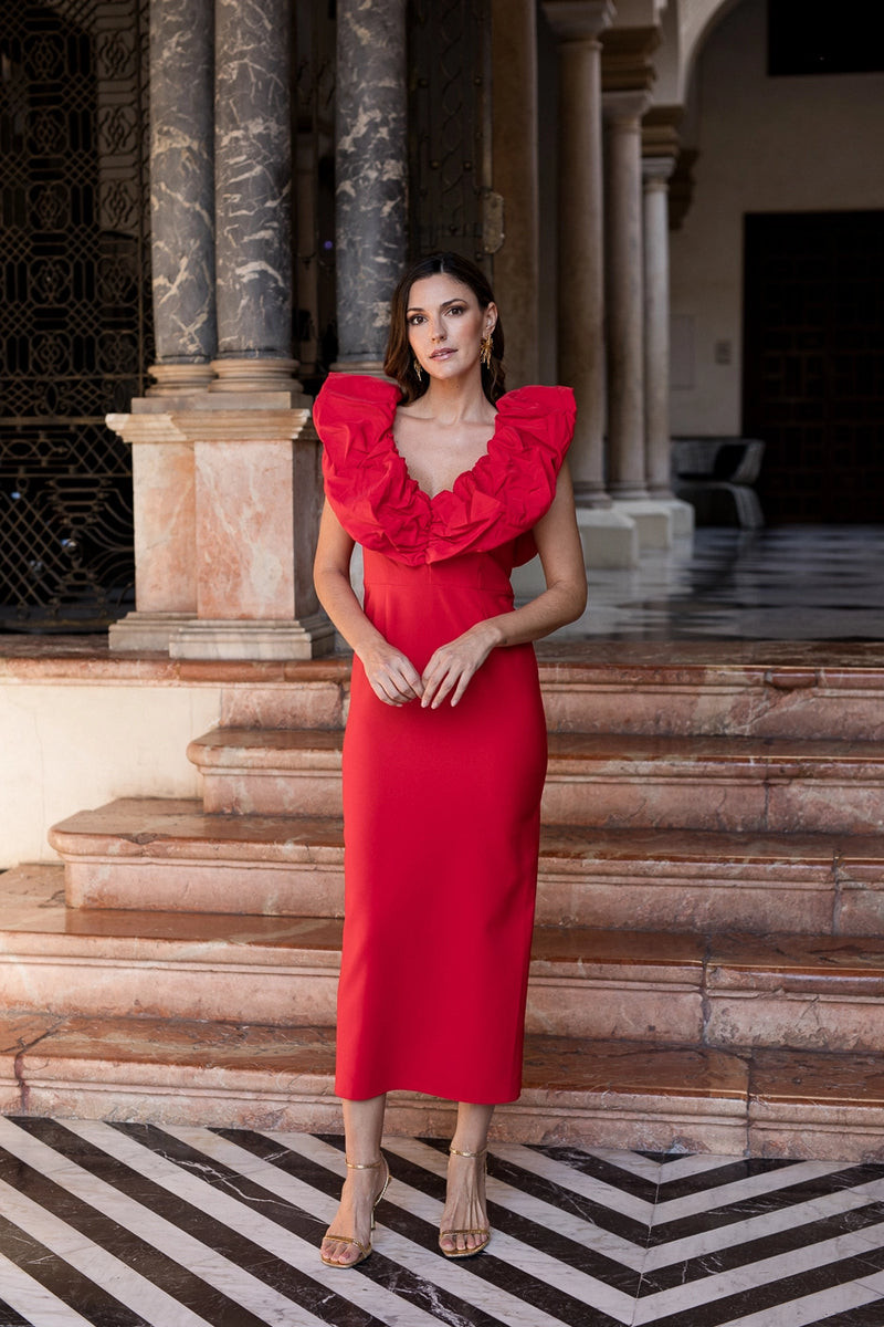 Vibrant Red Crepe Midi Dress with Oversized Ruffled Neckline Vibrant Red Crepe Midi Dress with Oversized Ruffled Neckline — Red Prom Dresses 2027