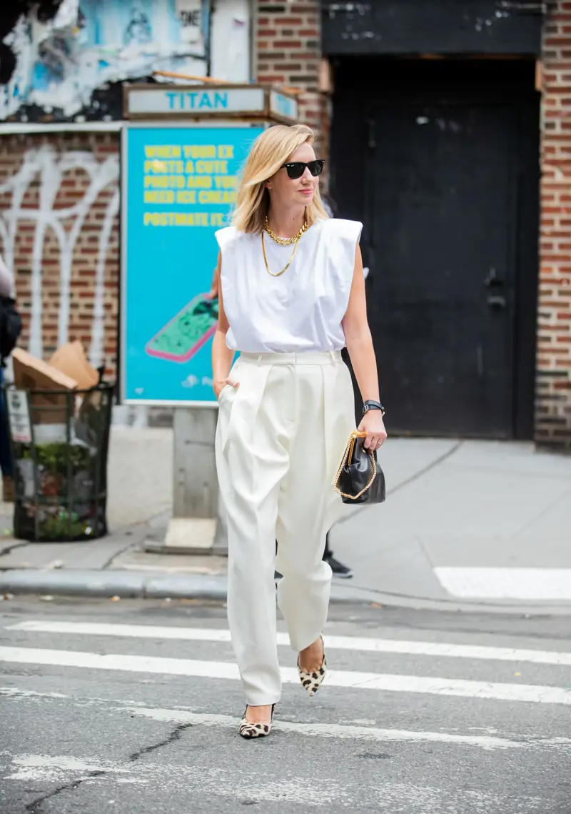 White Linen Set: Oversized Trousers and Shoulder Pad Top with Leopard Heels — Summer Work Outfits 2027