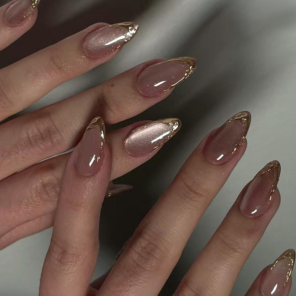 Rosy Nude Almond with Gold French Tips — Prom Press On Nails 2027