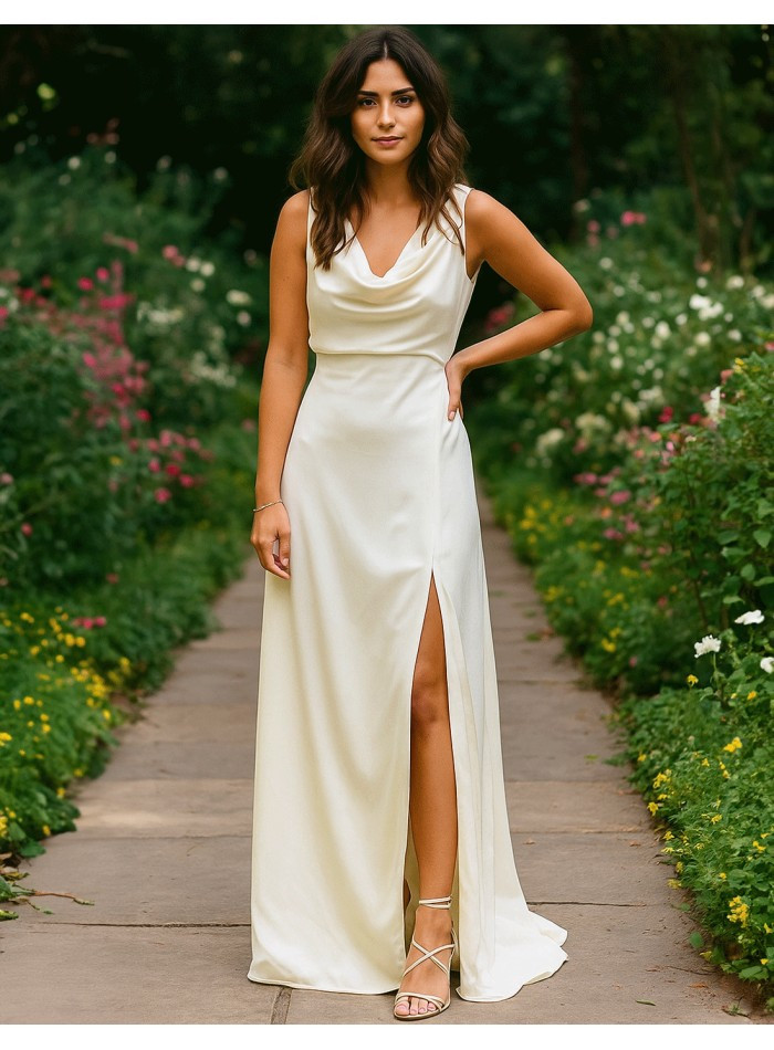Ivory Satin Slip Dress with Cowl Neckline and High Slit Ivory Satin Slip Dress with Cowl Neckline and High Slit — Satin Prom Dresses 2027