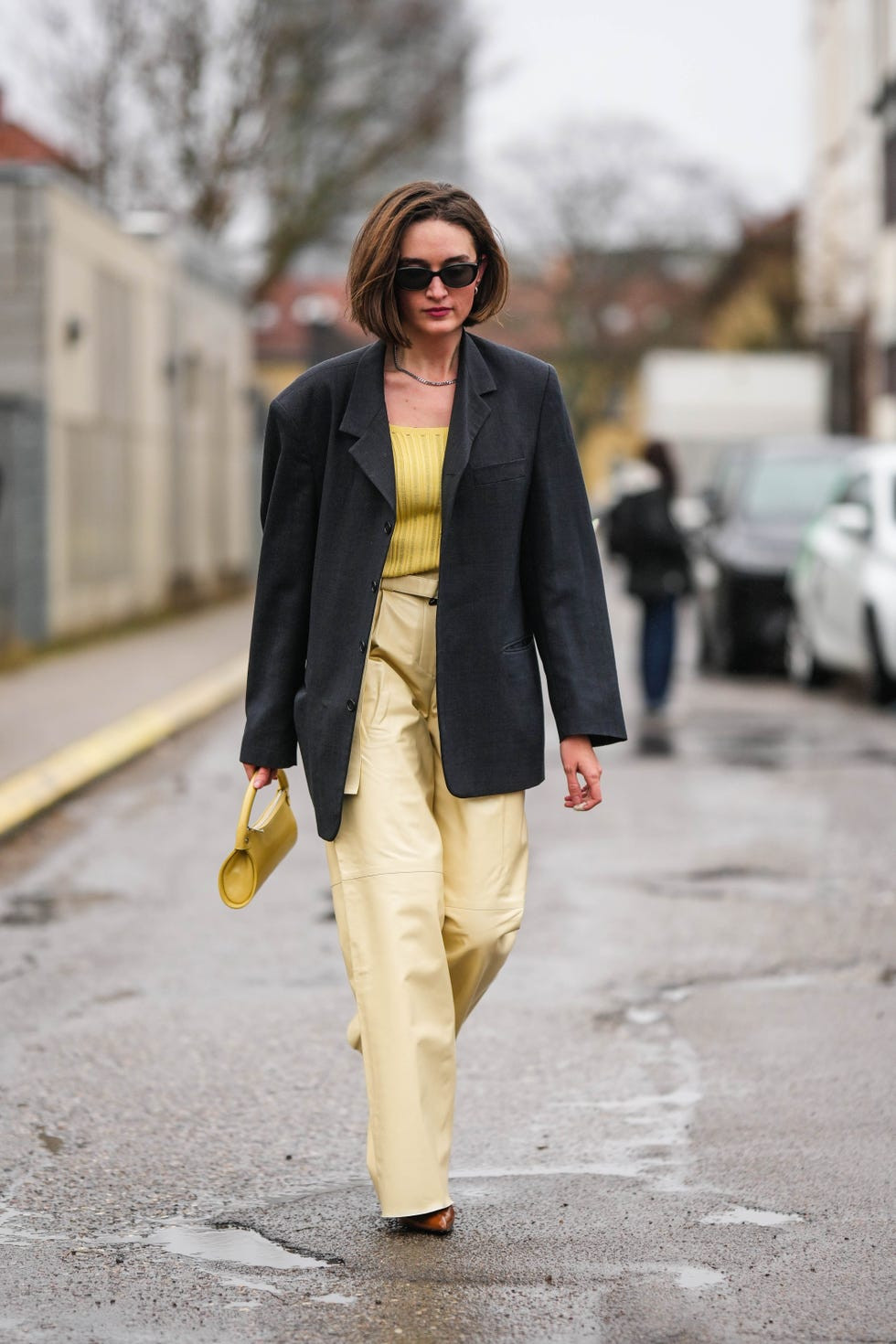 Pale Yellow Knit Top Under Oversized Grey Blazer Pale Yellow Knit Top Under Oversized Grey Blazer — Pale Yellow Outfits 2027