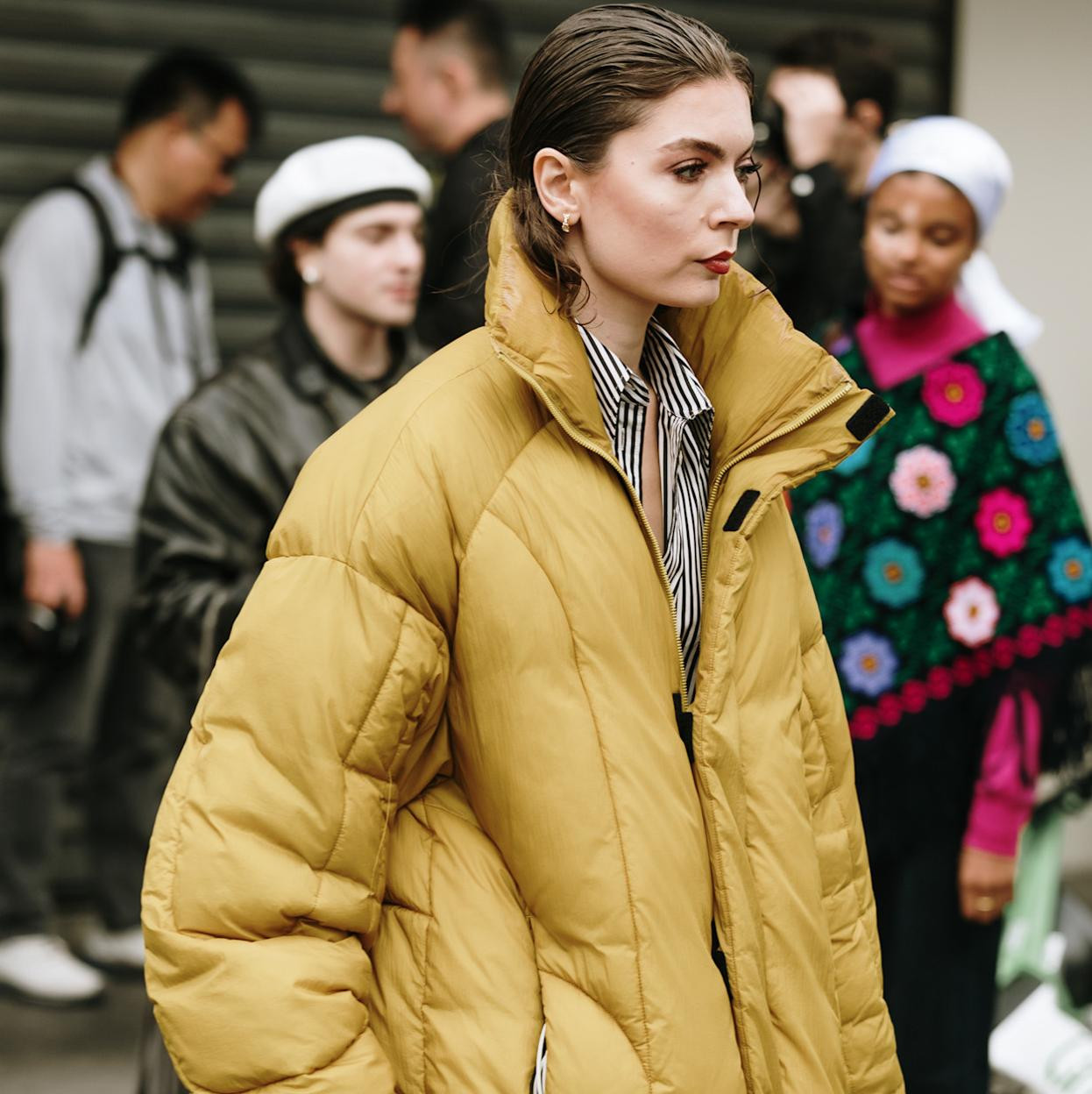 Mustard Yellow Puffer with High Collar and Stripes — Winter Outfits 2027 with Puffer