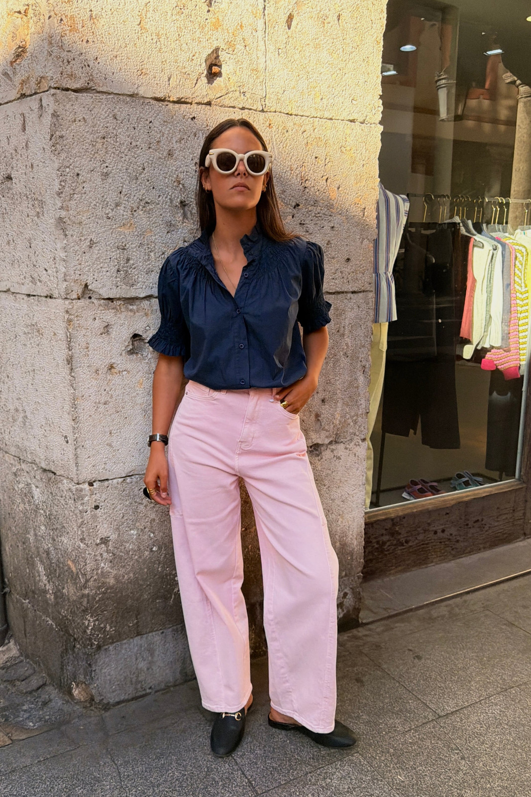 Pink Wide-Leg Jeans with Navy Puff-Sleeve Blouse Pink Wide-Leg Jeans with Navy Puff-Sleeve Blouse — Lisbon Outfits 2027