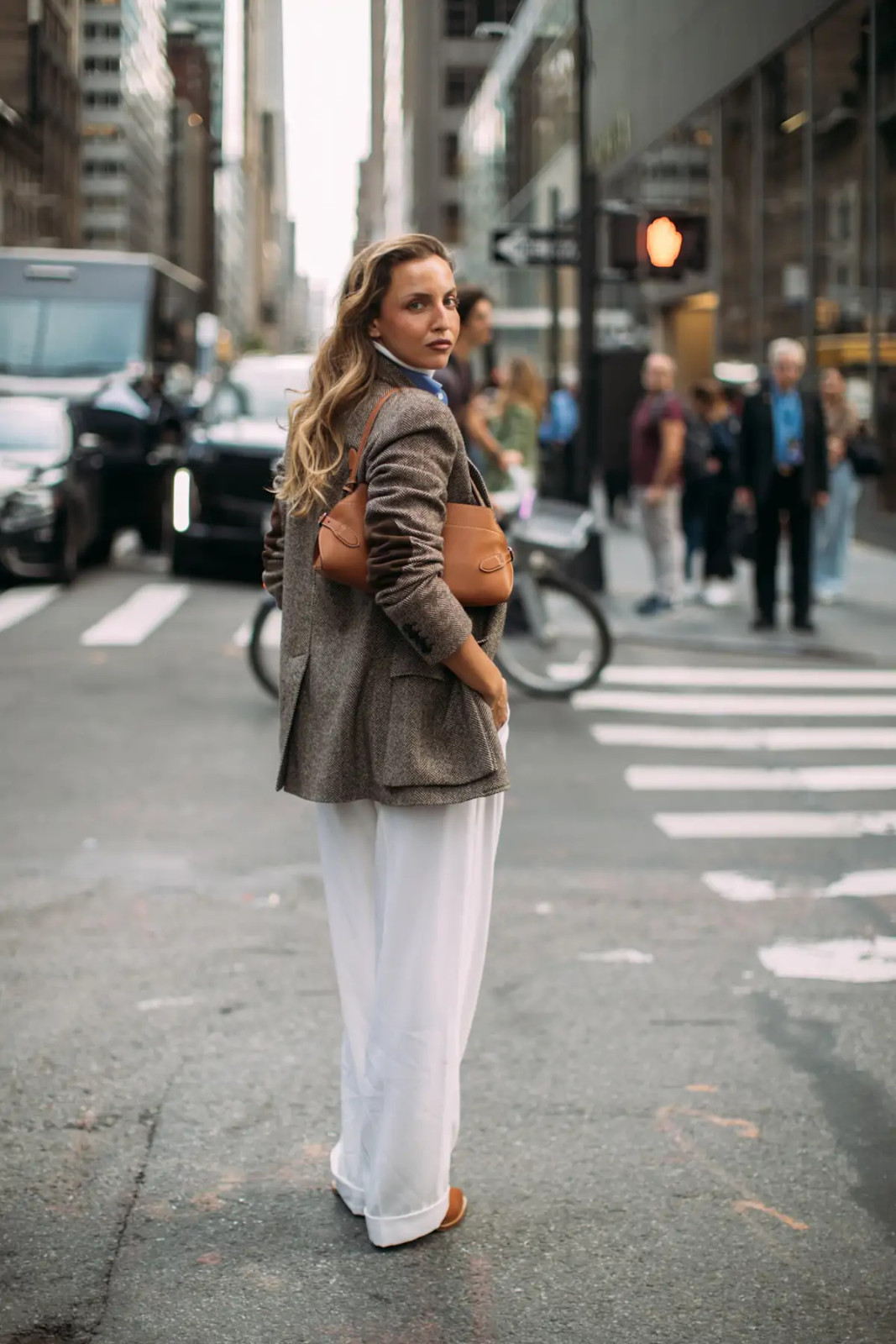 Urban Tweed: Brown Blazer with Blue Turtleneck and White Trousers — Spring Capsule Wardrobe 2027
