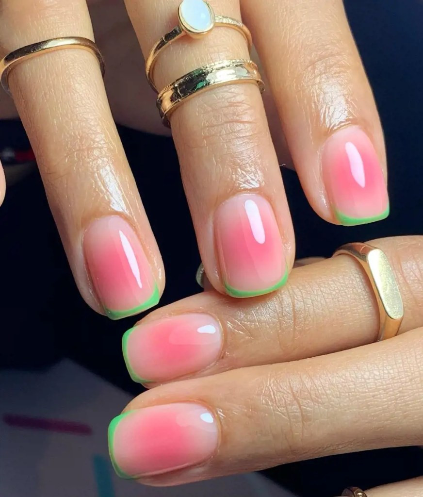 Green French Tips Pink Gradient Base Visual Idea Green French Tips Pink Gradient Base Visual Idea — Simple Summer Nails 2027