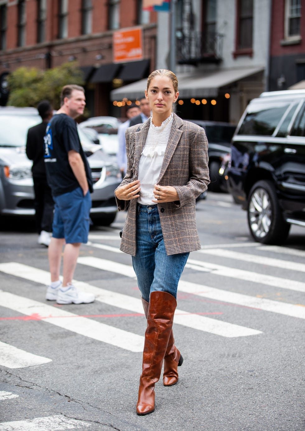 Plaid Blazer with Ruffled Blouse and Blue Jeans — Fitted Blazer Outfits 2027