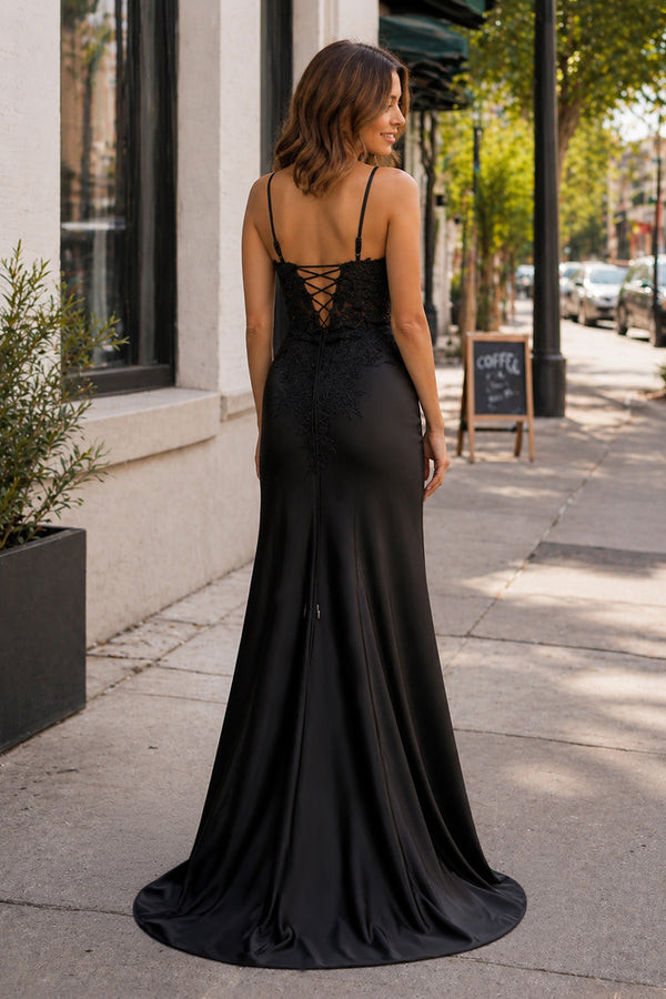 Elegant Black Satin Prom Dress with Lace Bodice Detail Elegant Black Satin Prom Dress with Lace Bodice Detail — Prom Couple Outfits 2027